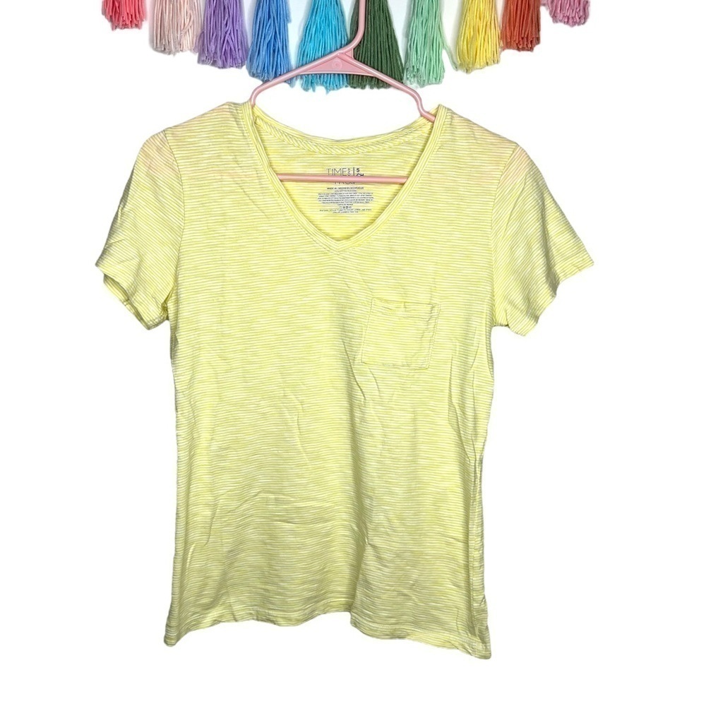 Time and Tru Yellow Stripe V-Neck Short Sleeve T-Shirt Size Small